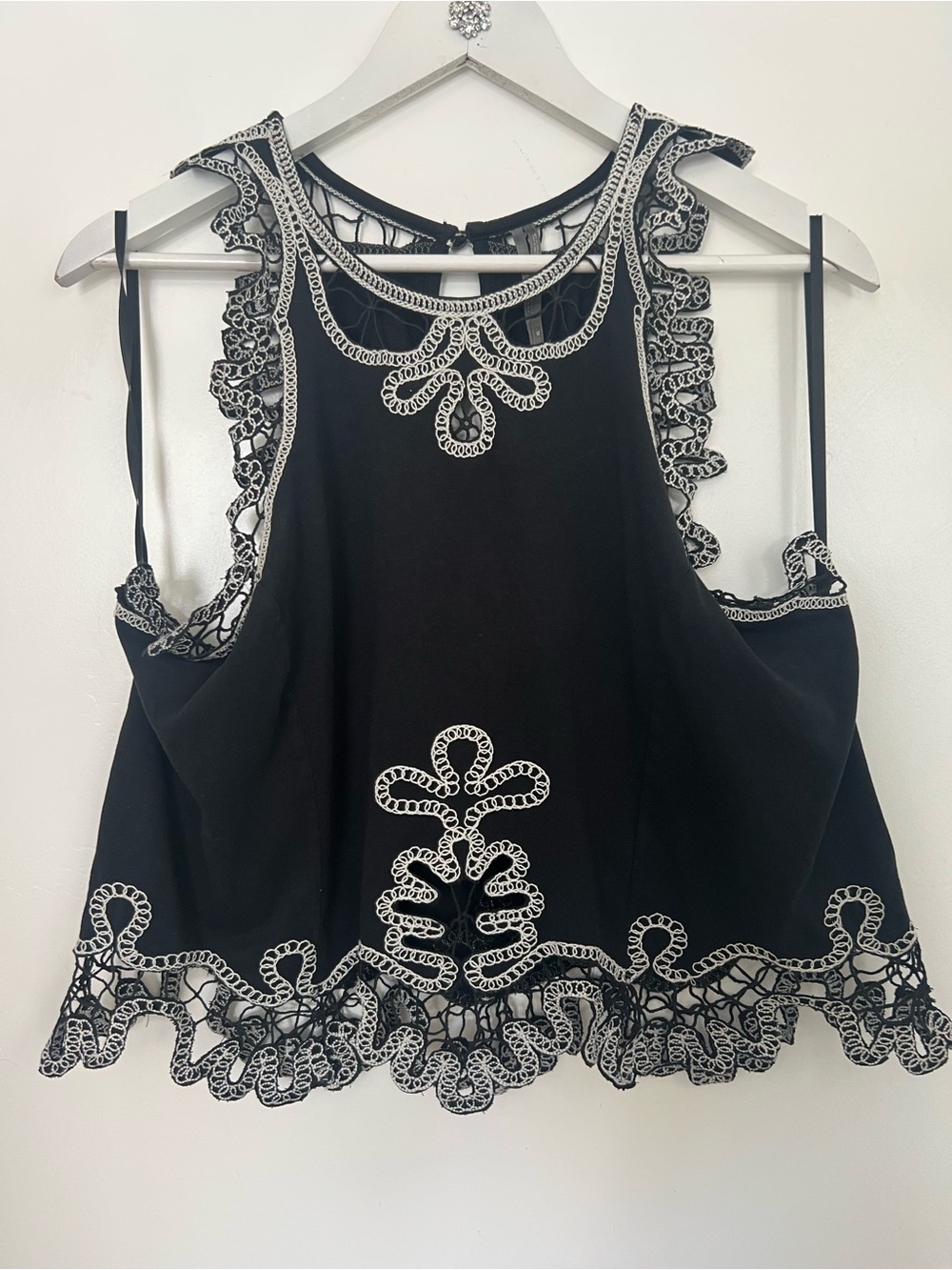 Anthropologie Black Top with White Crochet Trim - Picture 4 of 8